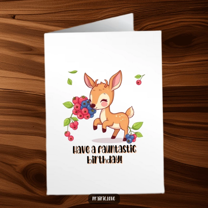 Funny Free Printable Birthday Card: A cheerful deer bounces with delight while nibbling on a tasty cluster of illustrated berries.