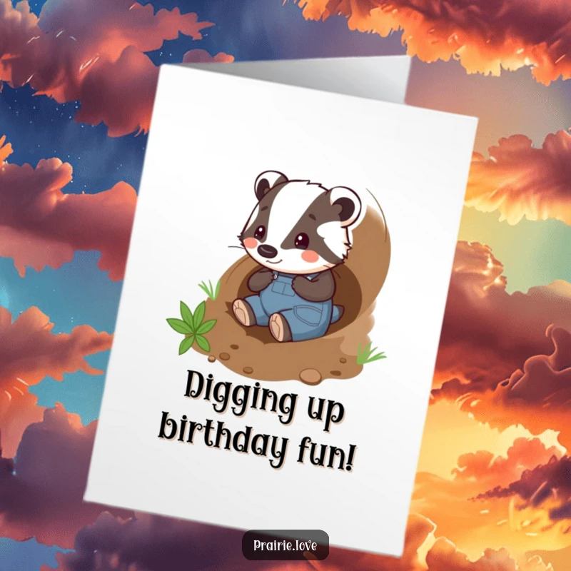 Funny Free Printable Birthday Card: Playful badger in overalls happily tunnels through the soil, celebrating underground fun.