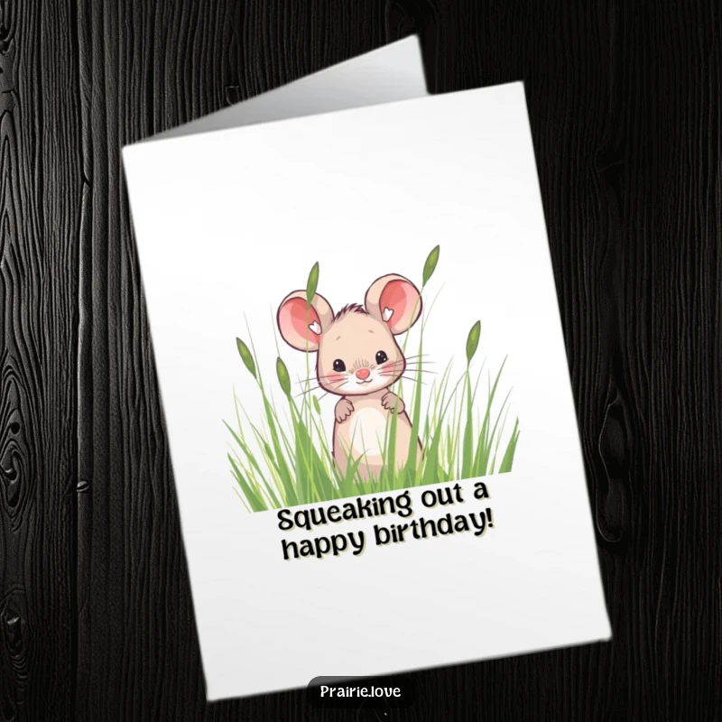 Funny Free Printable Birthday Card: Little mouse with big eyes peeking playfully from behind tall, wispy prairie grass.