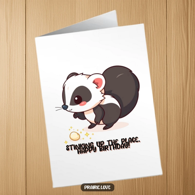 Funny Free Printable Birthday Card: A whimsical skunk humorously leaving a trail of sparkling, aromatic puffs, celebrating loudly.