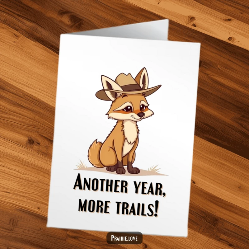 Funny Free Printable Coyote Ranger Birthday Card: Determined coyote in ranger hat surveying, adventurous DIY downloadable gift.