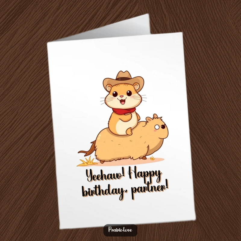 Funny Free Printable Birthday Card: Cheerful prairie dog in cowboy hat riding a tumbleweed, wild and funny birthday wishes.