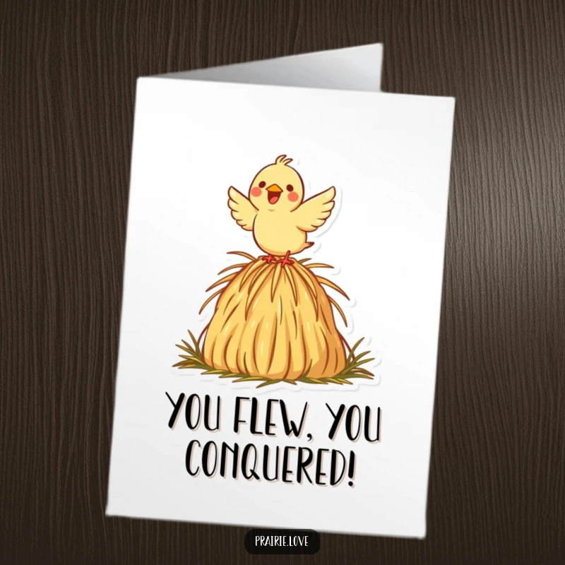 Funny Free Printable Congratulations Card: A cheerful bird joyfully taking flight from a decorative haystack icon, symbolizing new beginnings.