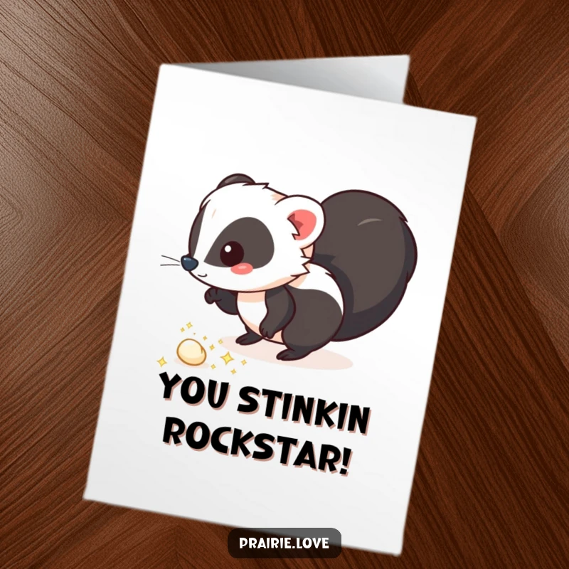 Funny Free Printable Congratulations Card: A whimsical skunk creating a trail of sparkling, aromatic puffs to mark a special occasion.