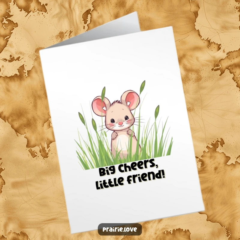 Funny Free Printable Congratulations Card: A sweet, curious mouse peeking from behind tall, wispy prairie grass, celebrating a win.
