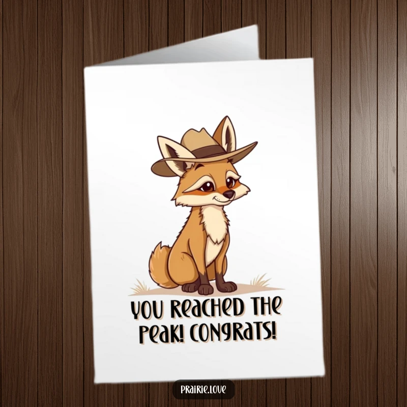 Funny Free Printable Coyote Ranger Congratulations Card: Determined coyote in ranger hat surveying, celebrating success, DIY downloadable gift.
