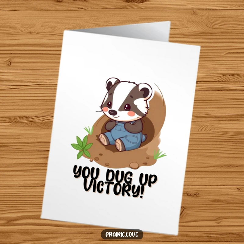 Funny Free Printable Congrats Card: Playful badger in overalls tunnels through soil, celebrating a job well done.