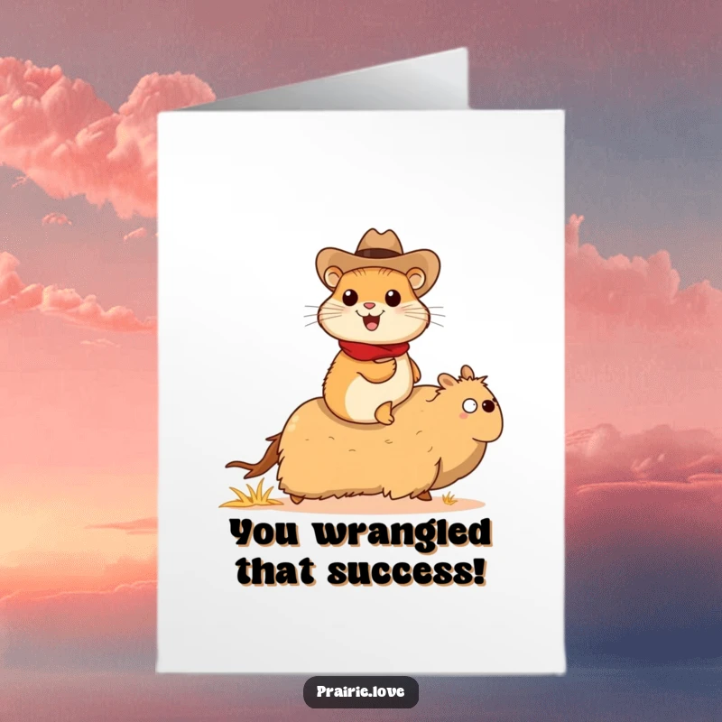 Funny Free Printable Congrats Card: Cheerful prairie dog in cowboy hat rides a galloping tumbleweed, celebrating a wild success.