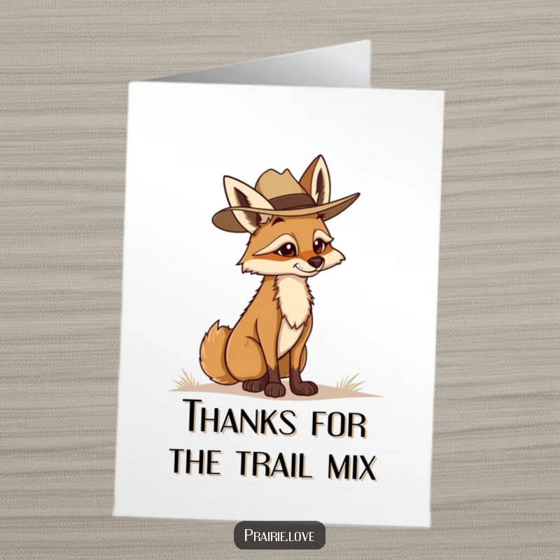 Funny Free Printable Coyote Ranger Thank You Card: Determined coyote in ranger hat surveying, expressing thanks, DIY downloadable gift.