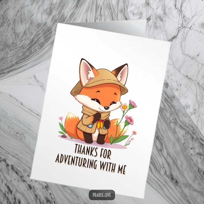 Funny Free Printable Scout Fox Thank You Card: Curious fox in uniform expressing thanks, perfect DIY downloadable gift.