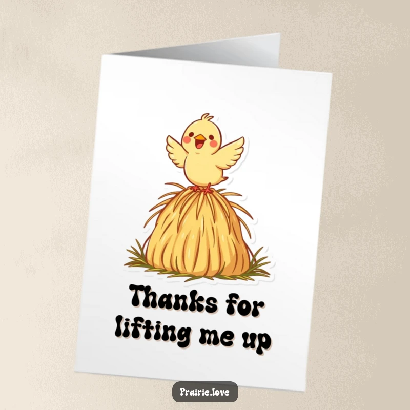 Funny Free Printable Thank You Card: A joyful bird launching from a decorative haystack icon, conveying thanks with wings spread.