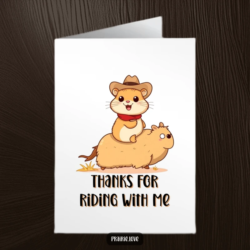 Funny Free Printable Thank You Card: Cheerful prairie dog in cowboy hat rides a tumbleweed, a fun way to say thanks.