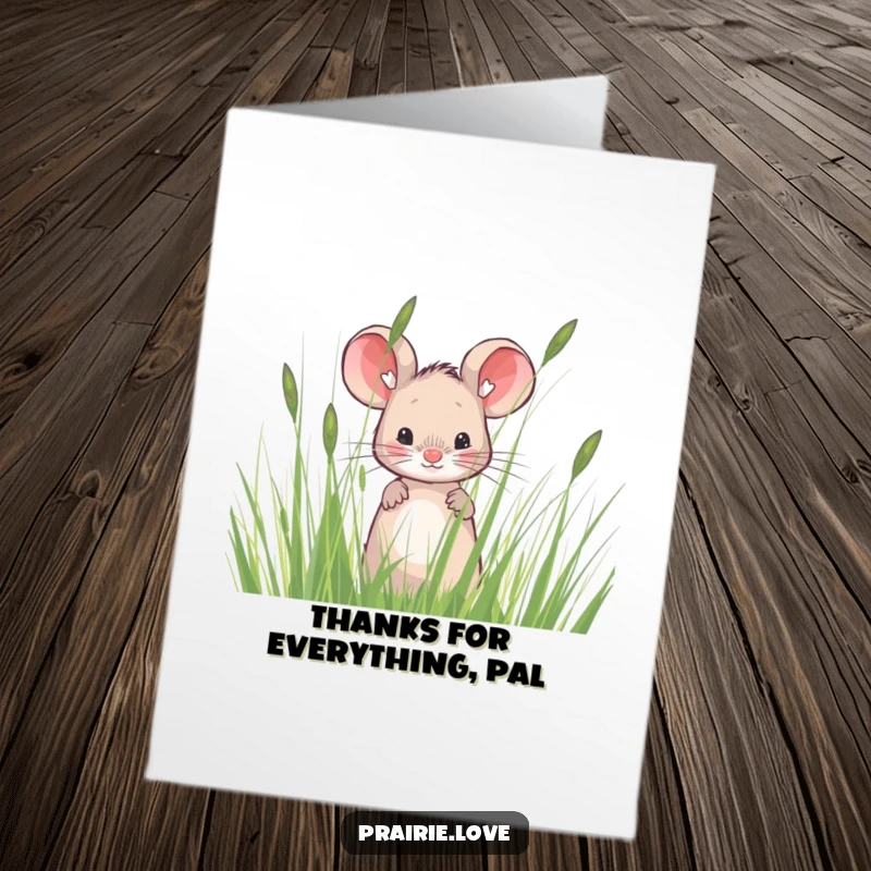 Funny Free Printable Thank You Card: A shy, sweet mouse peeking from behind tall, wispy prairie grass, conveying thanks.