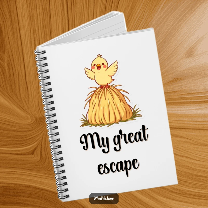 Funny notebook featuring a joyful bird taking flight from a decorative haystack icon, perfect for note-taking and creative expression.