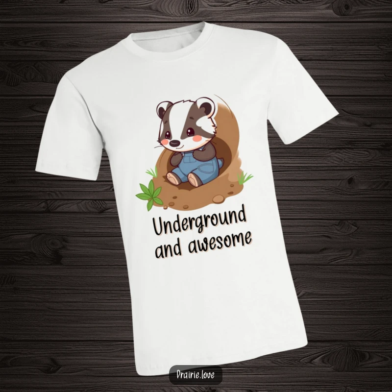 Funny badger gardener t-shirt, a playful badger in overalls happily tunneling through the soil, humorous gardening apparel.