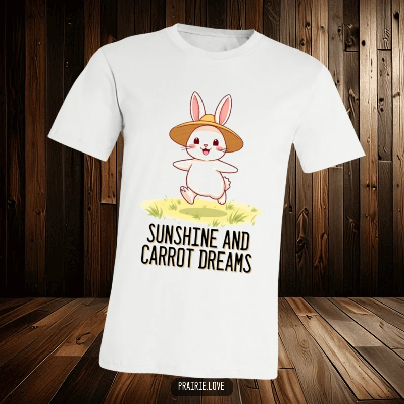 Funny Rabbit T-Shirt: A happy rabbit wearing a straw hat, bouncing playfully across a grassy field, full of energy and fun.
