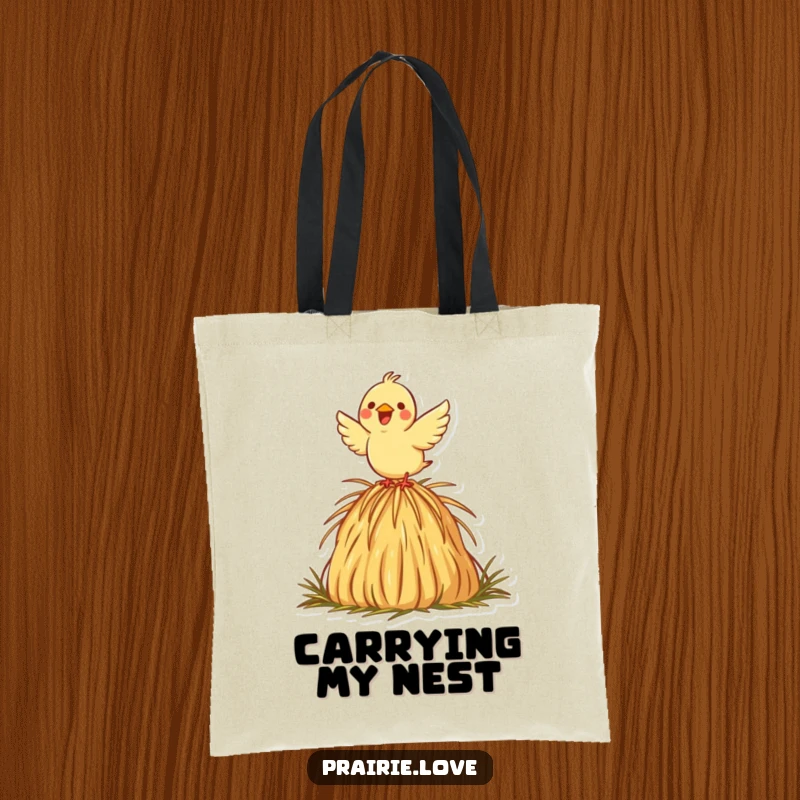 Funny tote bag with a joyful bird taking flight from a decorative haystack icon, perfect for carrying items with a touch of humor.
