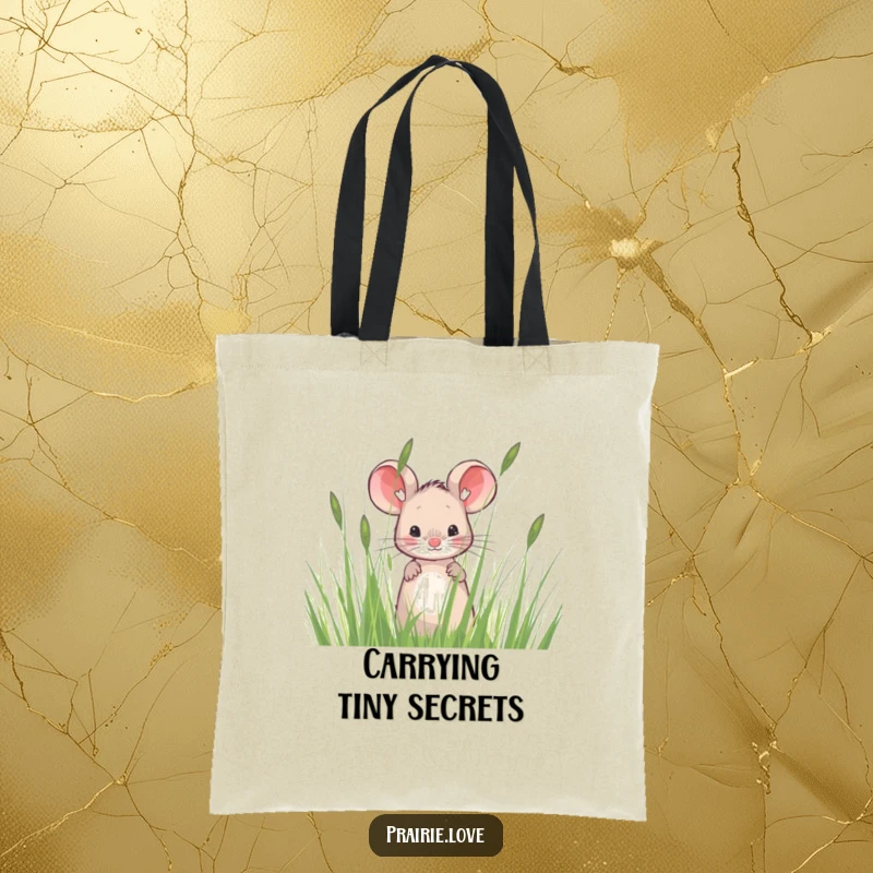 Funny tote bag depicting a sweet mouse peeking from tall, wispy prairie grass, ideal for everyday use and a touch of humor.