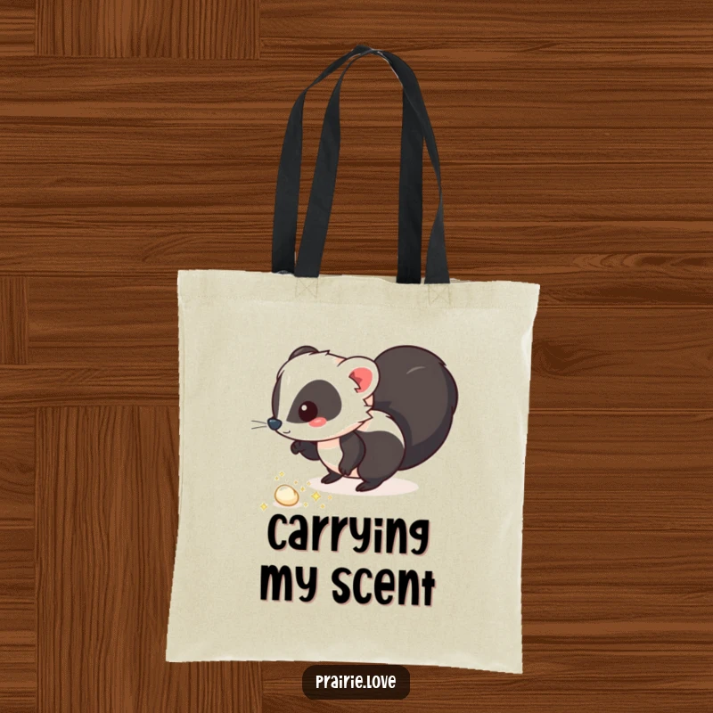 Funny tote bag with a whimsical skunk leaving a trail of sparkling, aromatic puffs, perfect for carrying items with flair and humor.