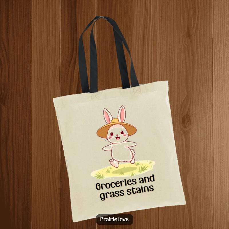 Funny Rabbit Tote Bag: A happy rabbit with a straw hat bouncing, perfect for carrying essentials with a dose of cuteness.